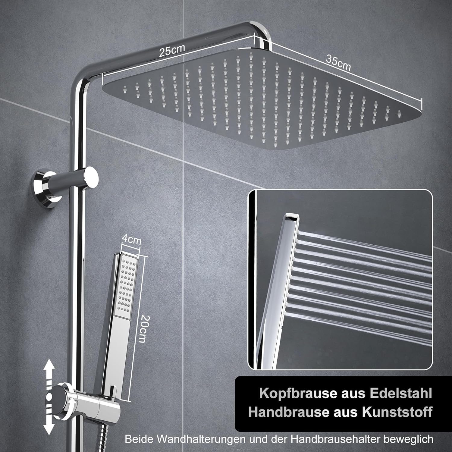 Detalle de Görbach colonna doccia in acciaio inox senza miscelatore con soffione 35x25 e asta doccia regolabile