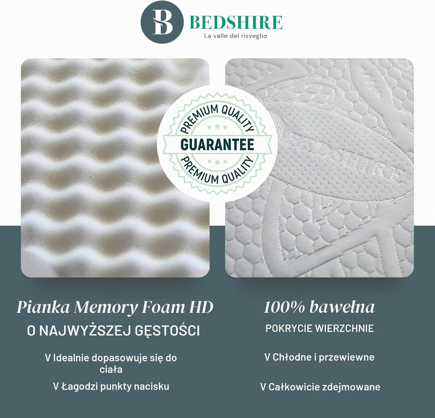 Detalle 2 de Bedshire Topper 180x200 – nakładka z pianki memory HD, 6 cm, bawełniany pokrowiec