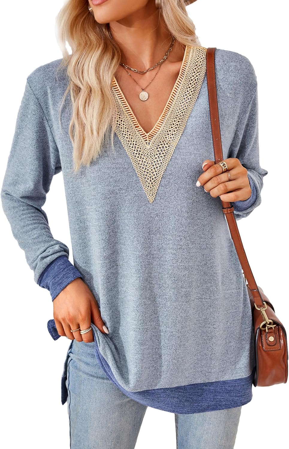 Detalle 2 de iChunhua Women's V Neck Lace Trim Lightweight Soft Jumper