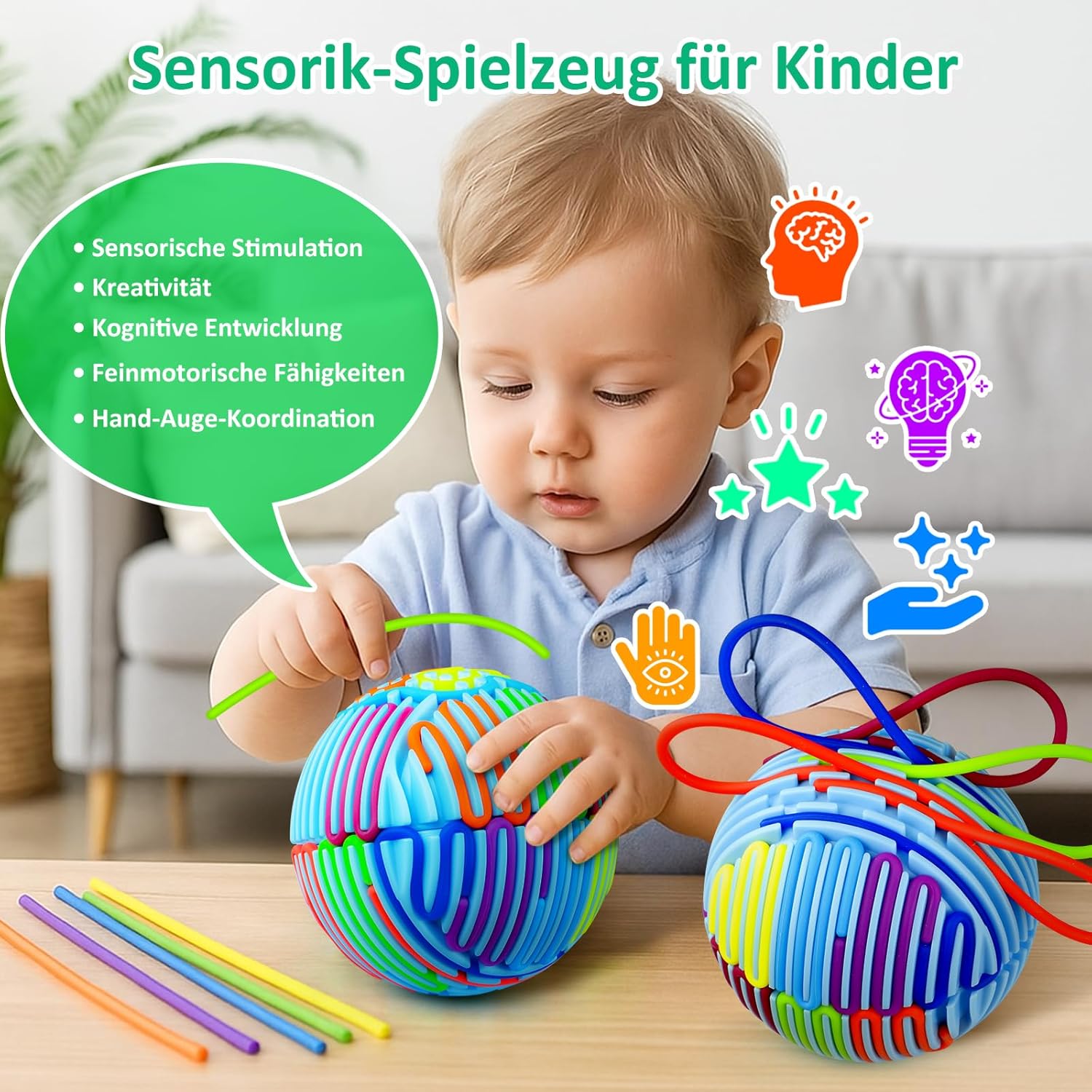 Detalle de Sensorik Activity Ball mit 16 bunten Silikonstreifen – Stressabbau Spielzeug Blau