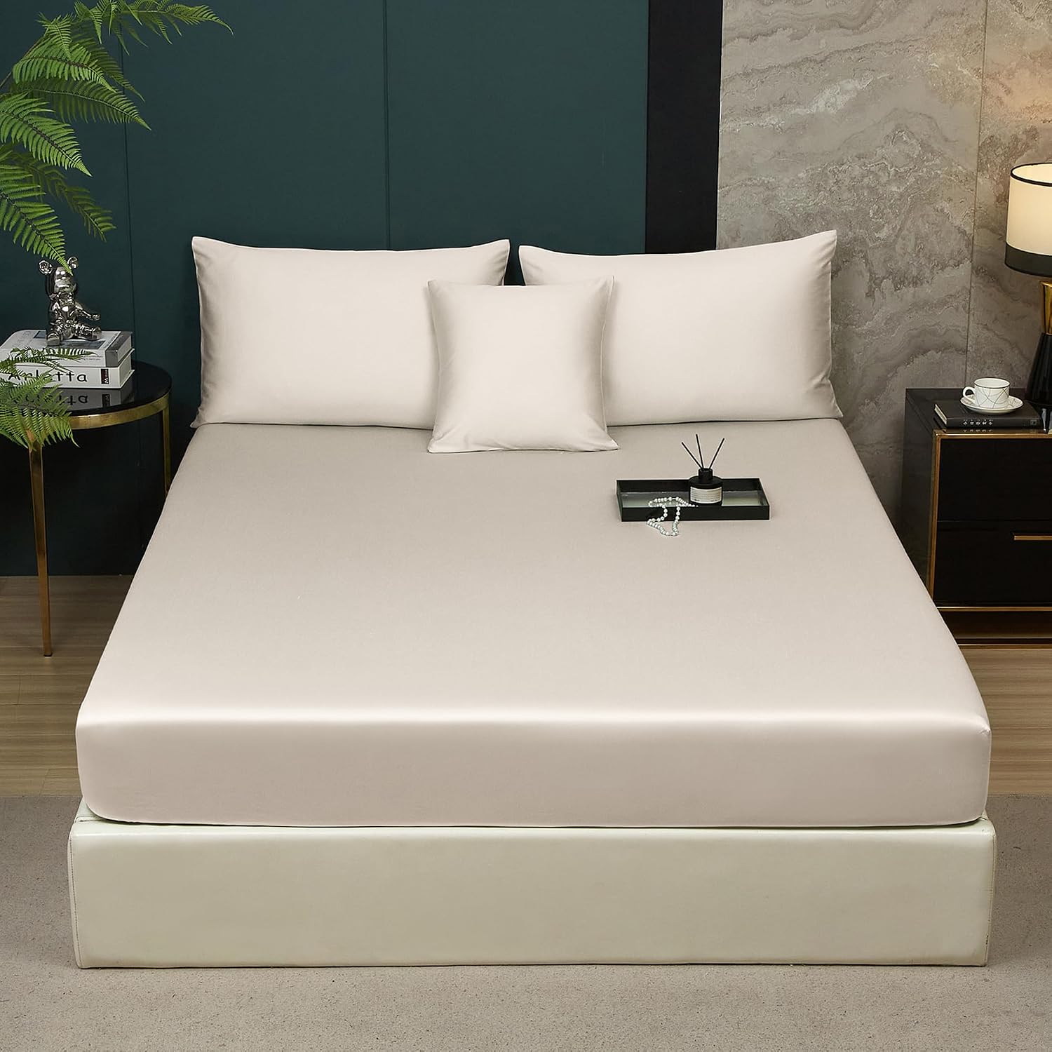 Detalle de Luofanfei Mako-Satin Spannbettlaken aus Baumwolle, 100 x 200 cm, für Matratzenhöhe bis 25–30 cm (Beige)