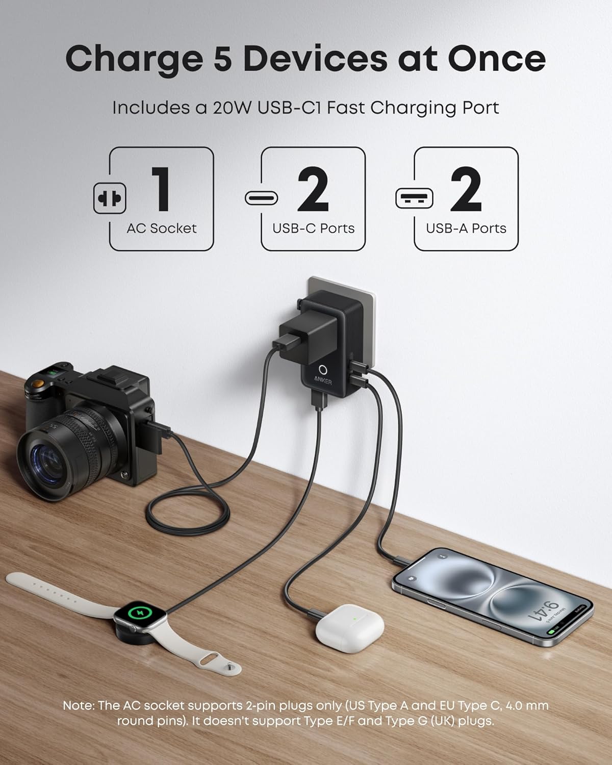 Detalle de Anker Universal Travel Adapter 5-in-1 for UK/EU/US/AU with 20W USB-C and 4 USB Ports