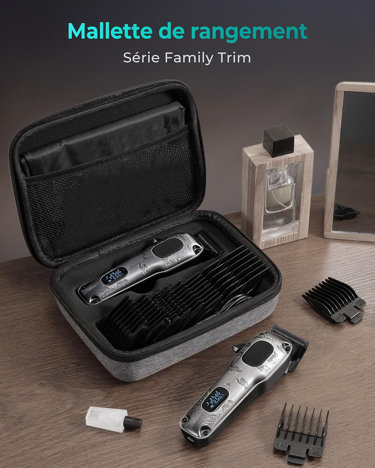 Detalle 2 de VGRPRO Tondeuse Cheveux Hommes Professionnel — Sans Fil, Étui et Kit Complet (Gris)