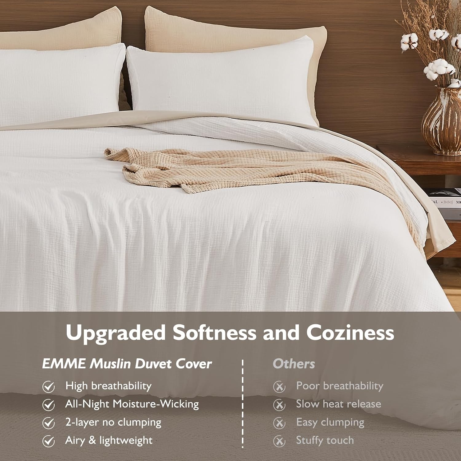 Detalle de EMME Muslin Cotton King Duvet Cover Set, Cream White, Hidden Zipper