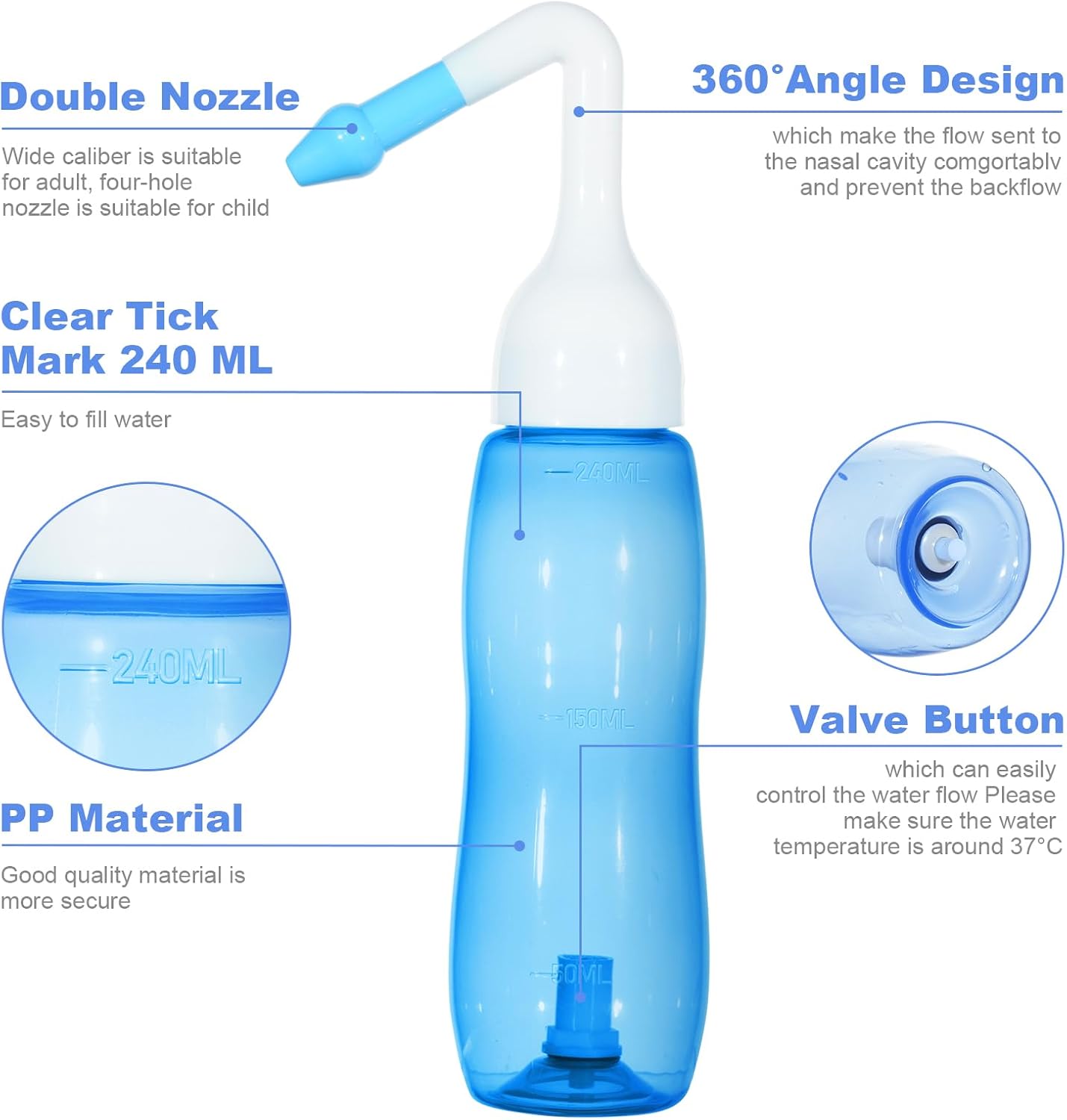 Detalle de URAQT Neti Pot 240ml Lavaggio nasale per tutta la famiglia