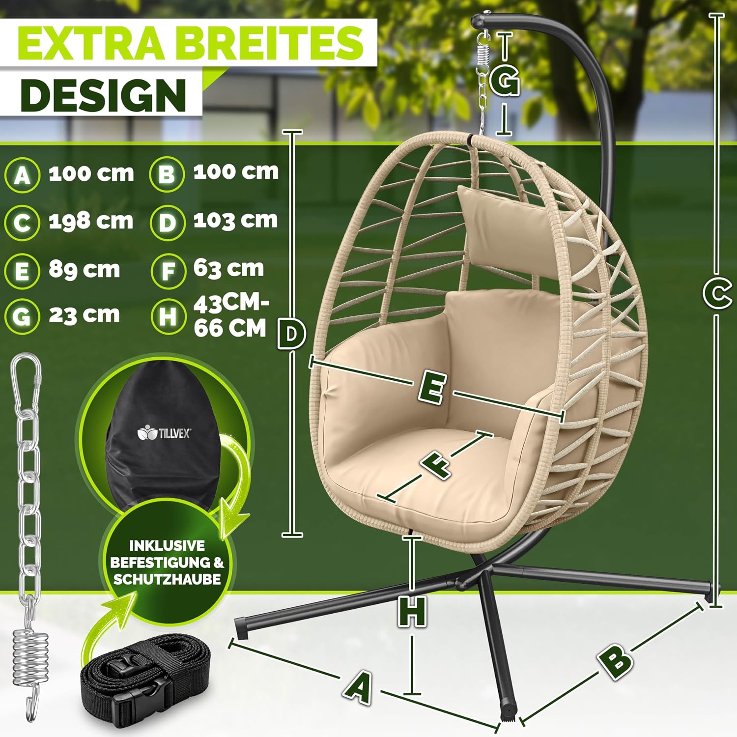 Thumbnail 1 de tillvex Hängesessel mit Gestell – wetterfester Outdoor Hängesessel aus Polyrattan (Beige)