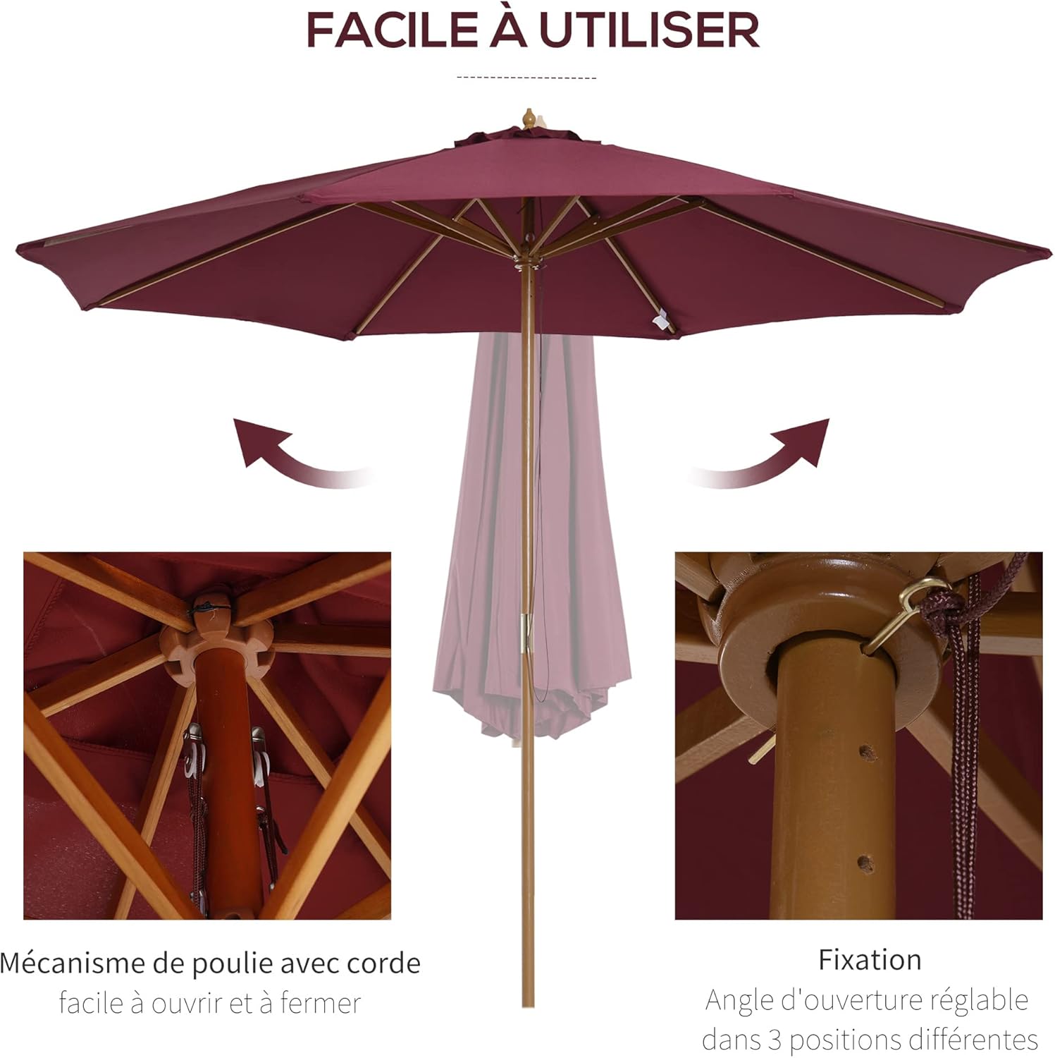 Thumbnail 2 de Outsunny Parasol de jardin droit double toit en bois et polyester haute densité (Ø 3 x 2,5 m)