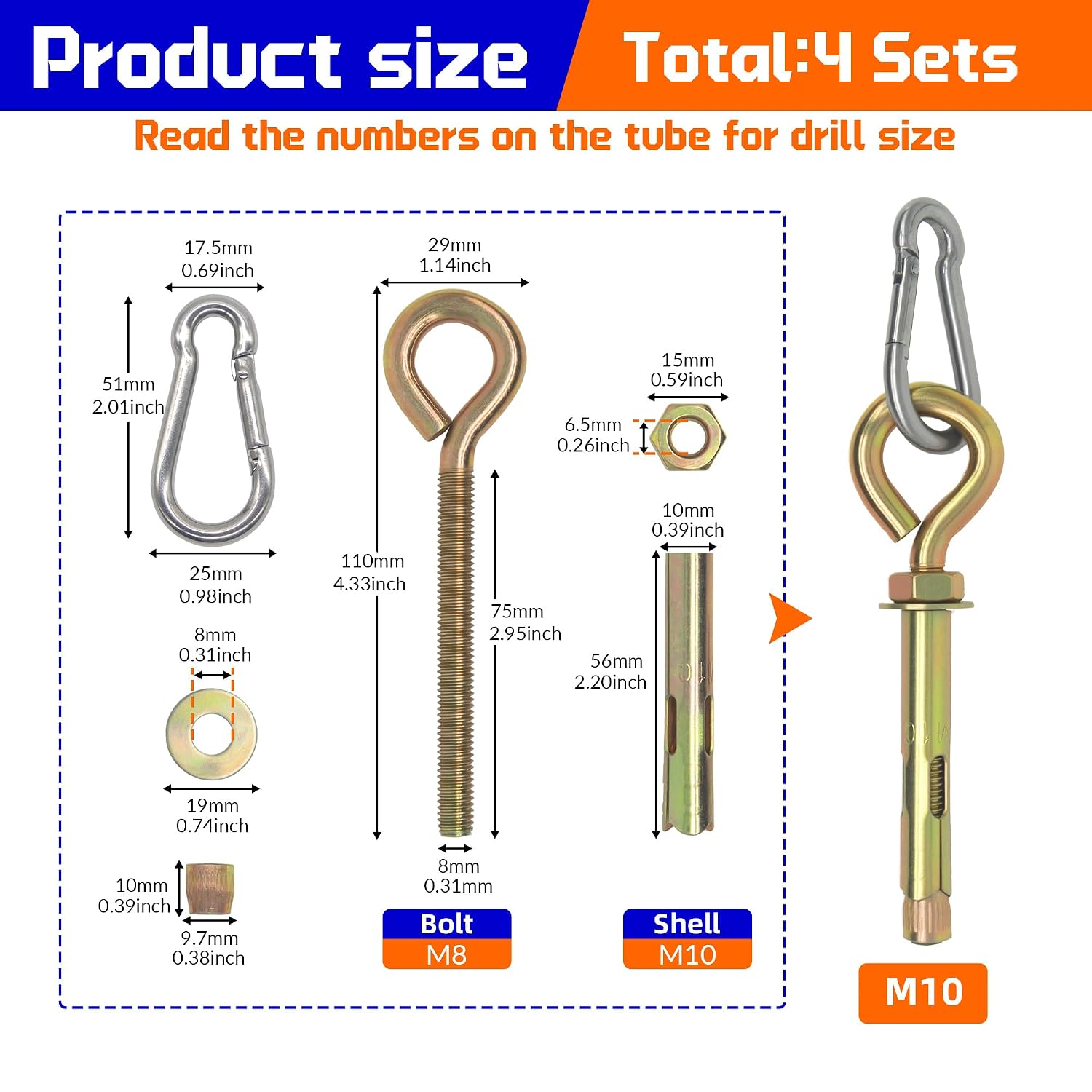 Detalle 2 de NexSync 7D-WCJ4-YHQZ M10 Concrete Eye Bolts with 304 Stainless Steel Snap Hooks