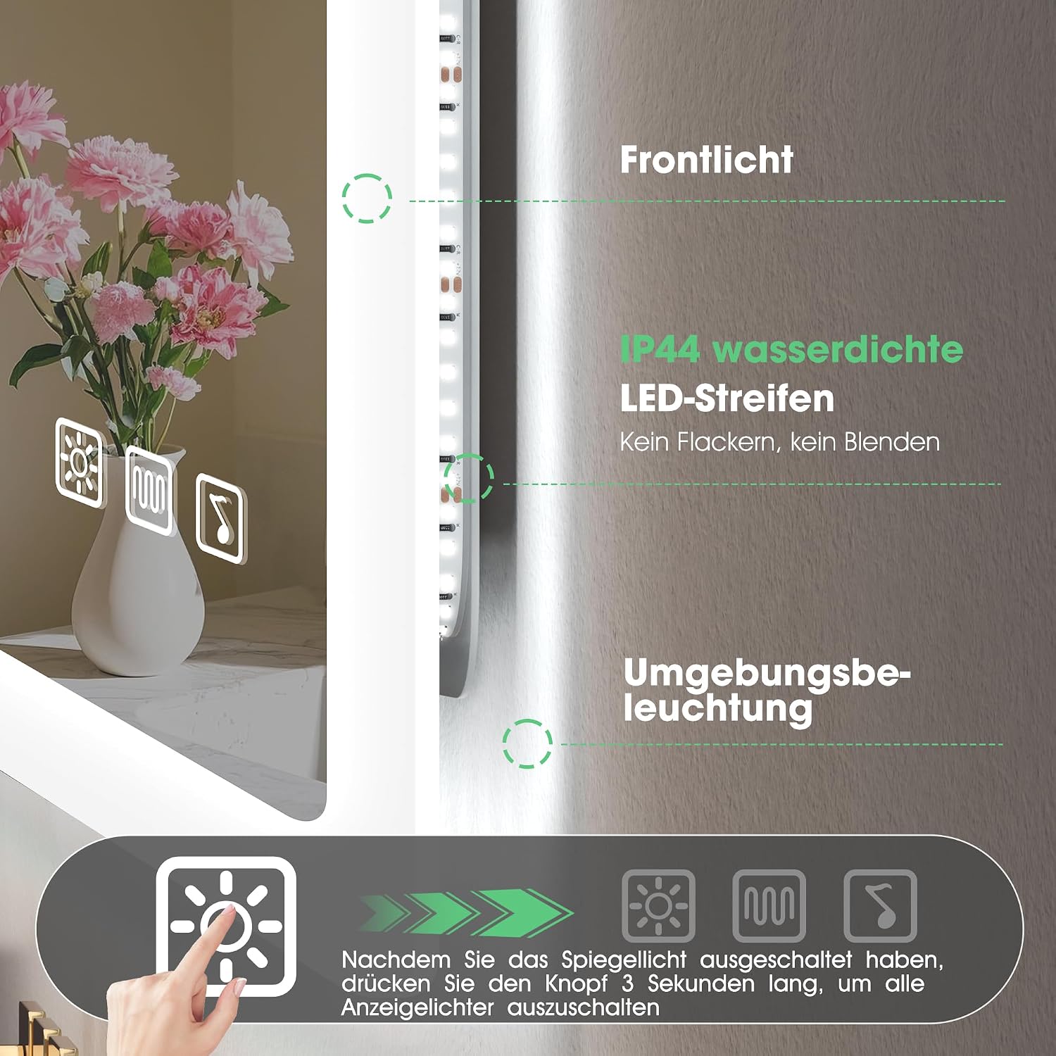 Detalle de S'bagno Badspiegel mit Beleuchtung 120x70 cm (LED) inkl. Bluetooth, Anti-Beschlag, dimmbar