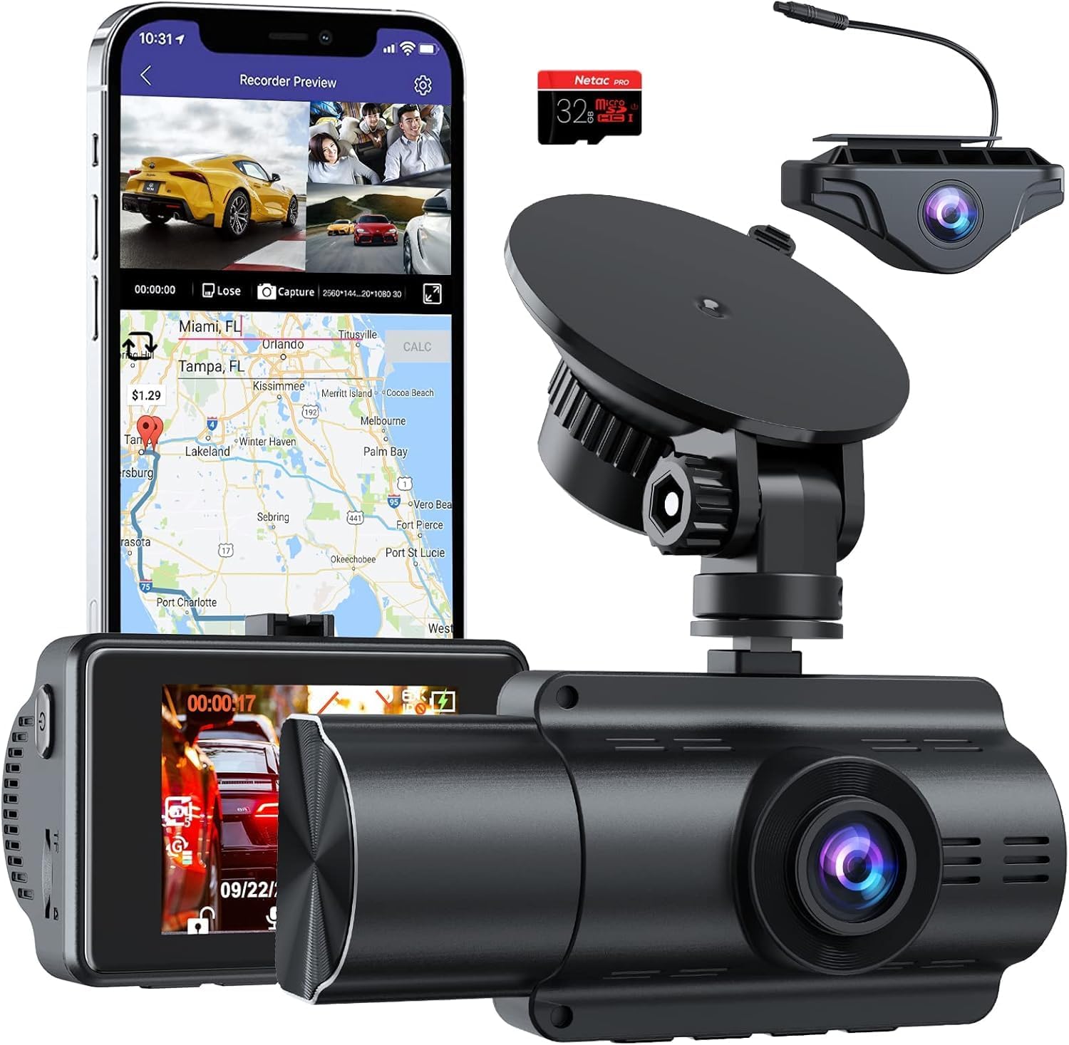 Detalle de Moplasz 4K Dash Cam Front and Rear (Dual 4K+2K) with Wi‑Fi App, Night Vision and 32GB SD Card