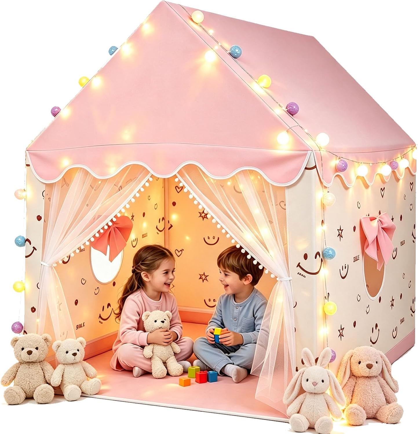 Detalle de eSynic XL-Pink003 kindertent met led-lichtketting en metalen frame