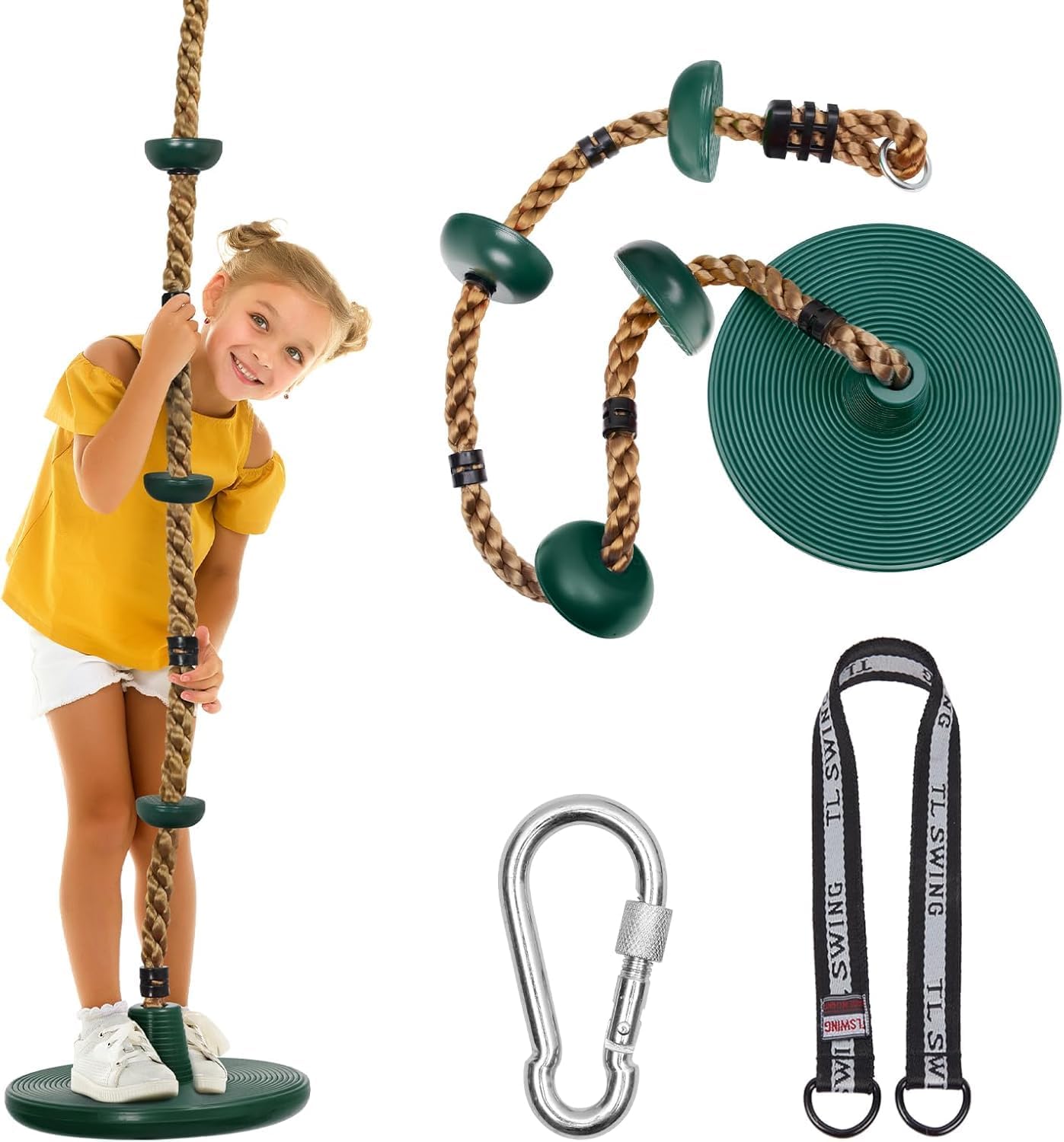 DECORLIFE Tree Swing for Kids with Adjustable Rope, Disc Seat & Locking Carabiners (Green)