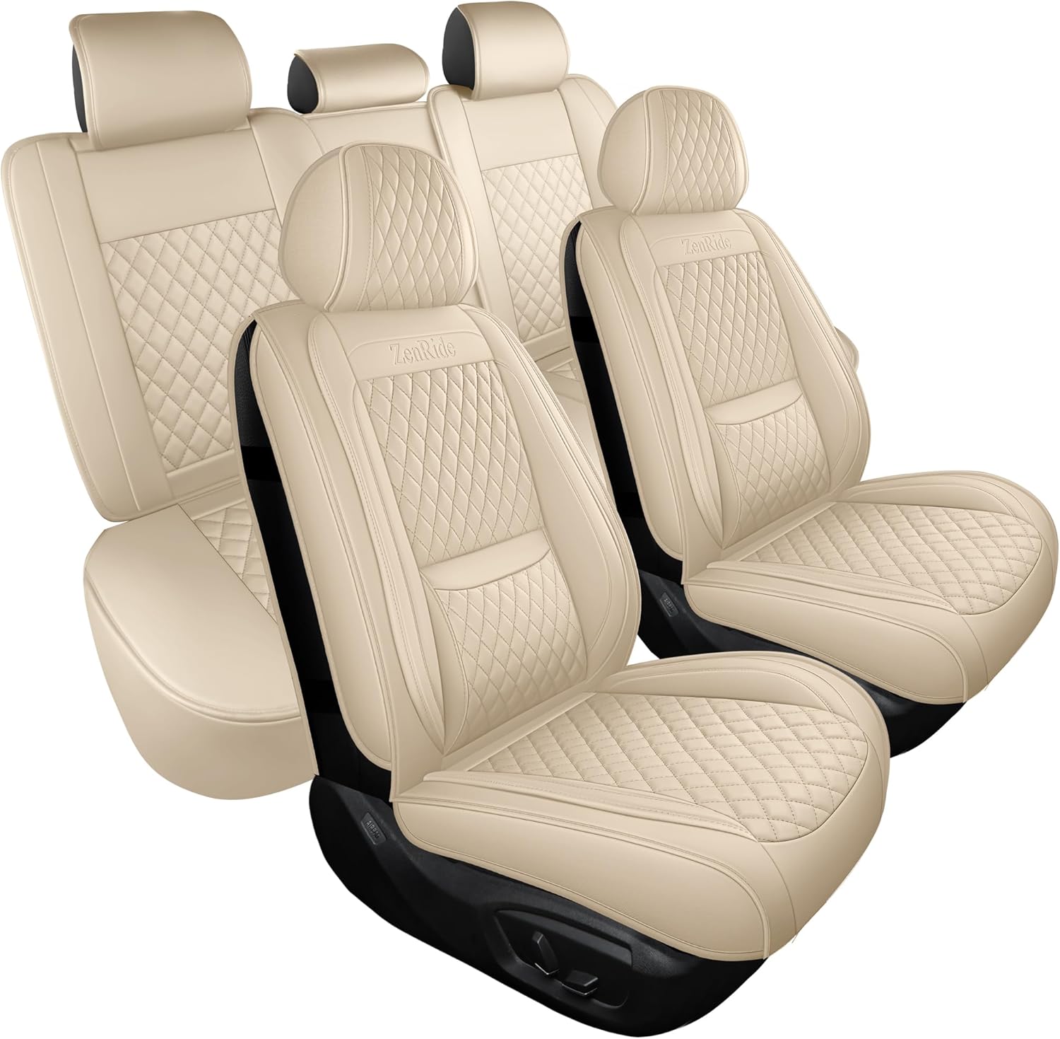 ZenRide Light Beige Thick Nappa Leather Car Seat Covers Full Set — Universal Fit, 3D Contoured, Waterproof