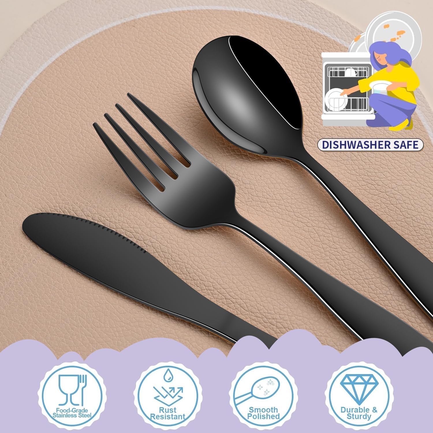 Detalle 2 de Dehov Black Kids' Silverware Set, 12-Piece Stainless Steel, Dishwasher Safe