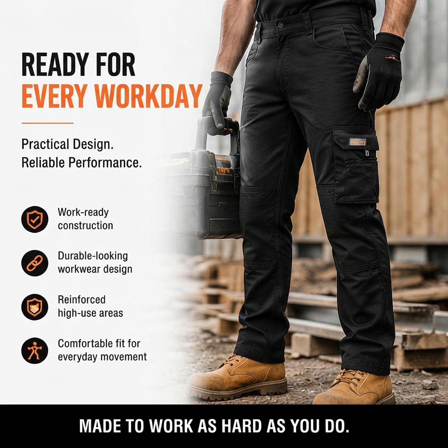 Thumbnail 4 de WrightFits Wright Wears Pro-11 Heavy Duty Work Cargo Trousers (32W/31L) in Black