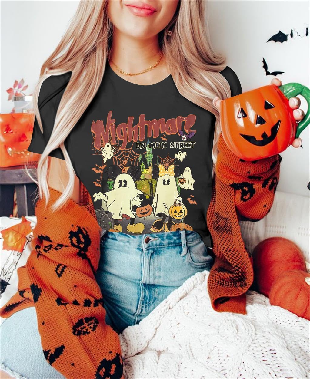 Detalle 2 de DUTUT Halloween T-Shirt for Women, Short-Sleeve Pumpkin and Ghost Graphic Tee