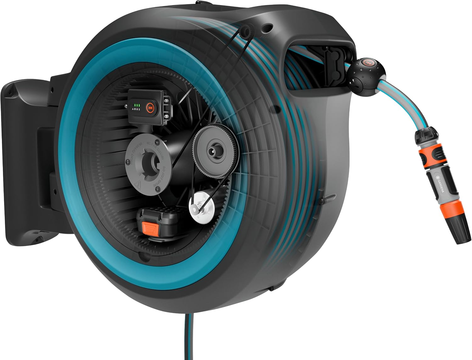Detalle de Gardena Dévidoir mural PowerRoll XL solo – enroulement automatique sur batterie avec 40 m de tuyau