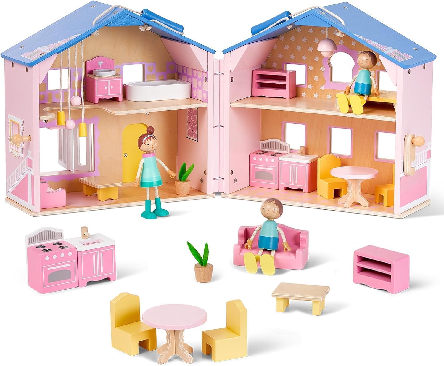 Giant bean Puppenhaus aus Holz faltbar, tragbar mit Möbeln (35×28×34 cm) – rosafarben ab 3 Jahren