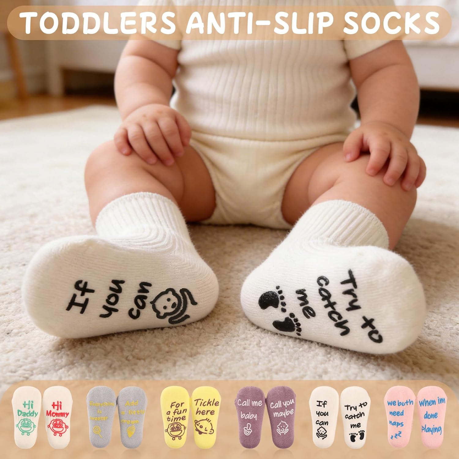 Detalle de October Elf 6 Pairs Baby Grip Socks: Non-Slip Cotton Baby Socks for 0–12 Months
