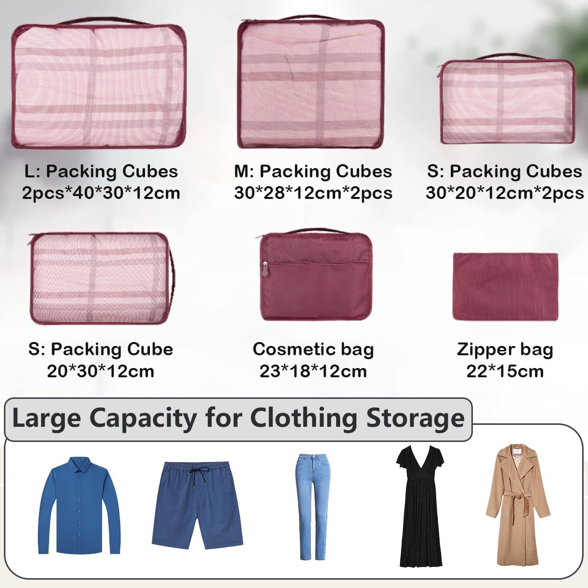 Detalle de Große Koffer Organizer Set (12-teilig) – wasserdichte Packwürfel, Travel Organizer für Gepäck, Weinrot