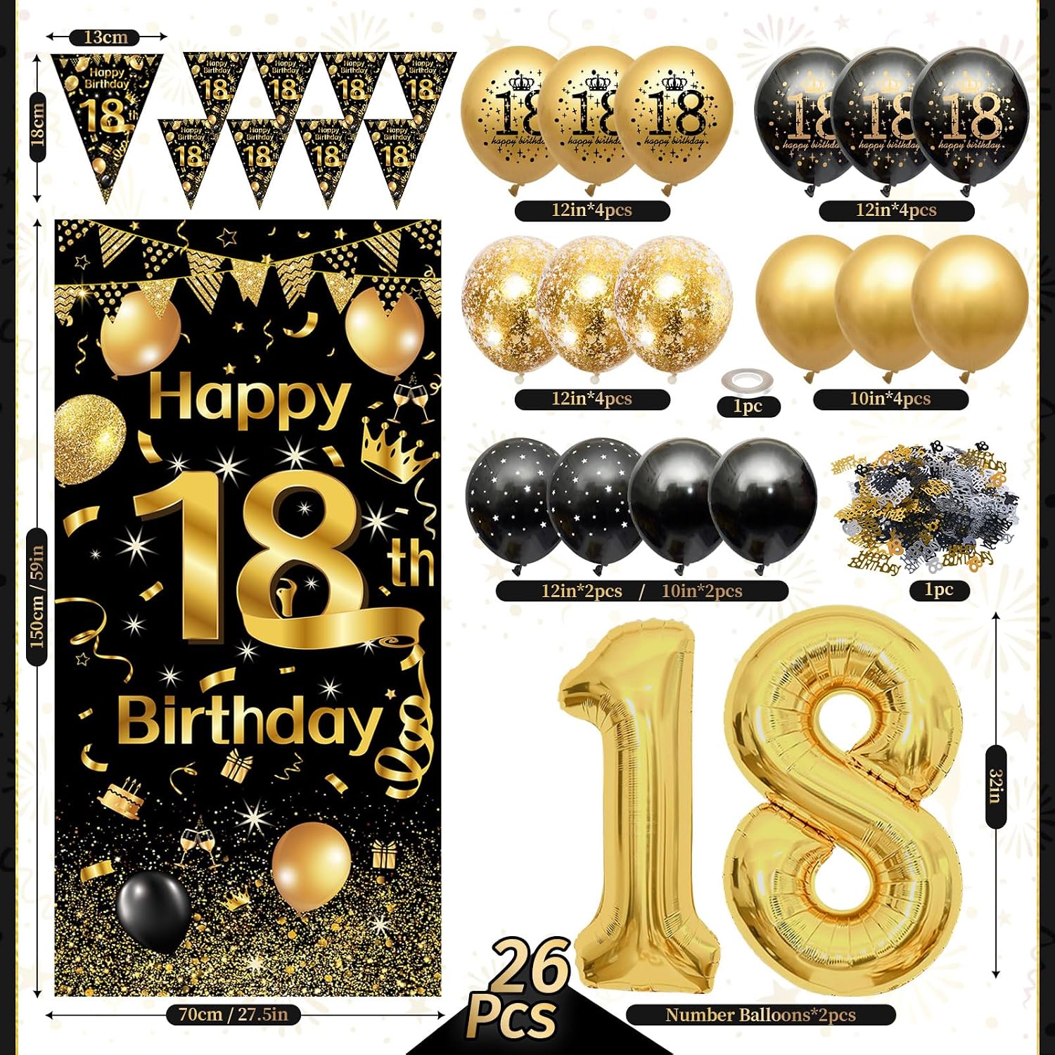 Thumbnail 2 de 18th Birthday Decorations for Boys & Girls – Black & Gold Balloons with 18 Banner, Garland, Confetti, and 18 Balloons