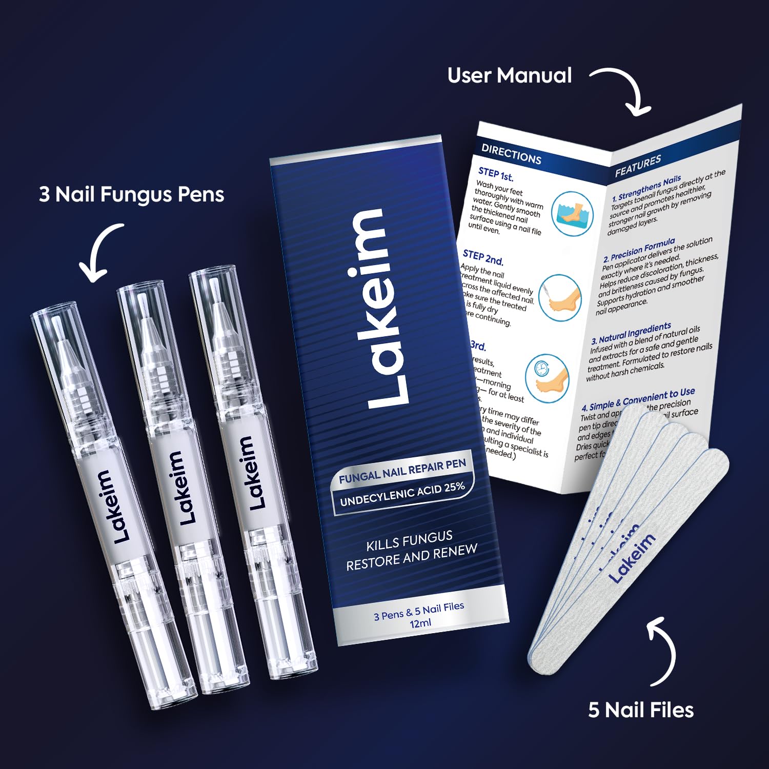 Detalle de Lakeim Toenail Fungus Treatment, 25% Undecylenic Acid, Tea Tree Oil, 3 Pens