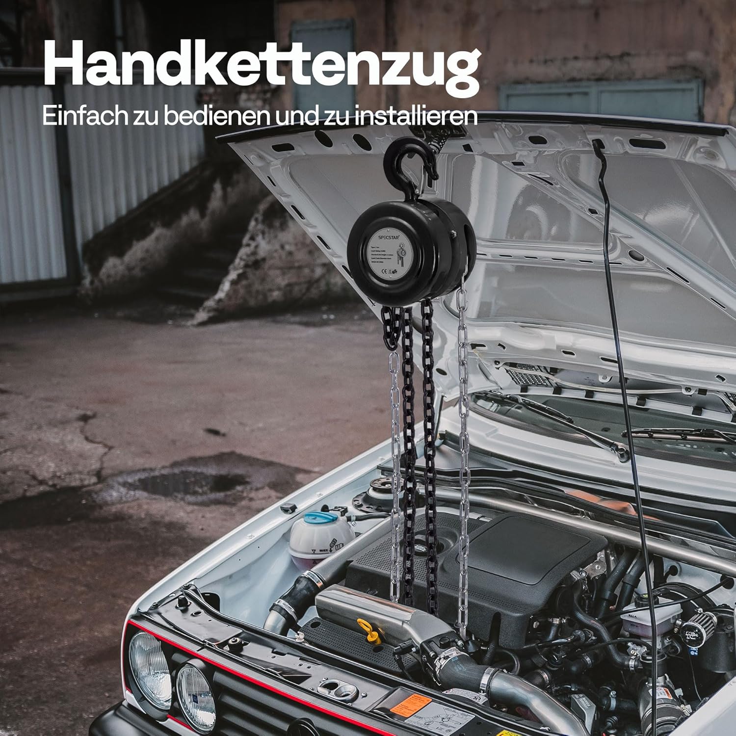 Detalle de SPECSTAR Handkettenzug 2000 kg – 3 m Hubhöhe, 2 Schwerlasthaken, manueller Kettenzug