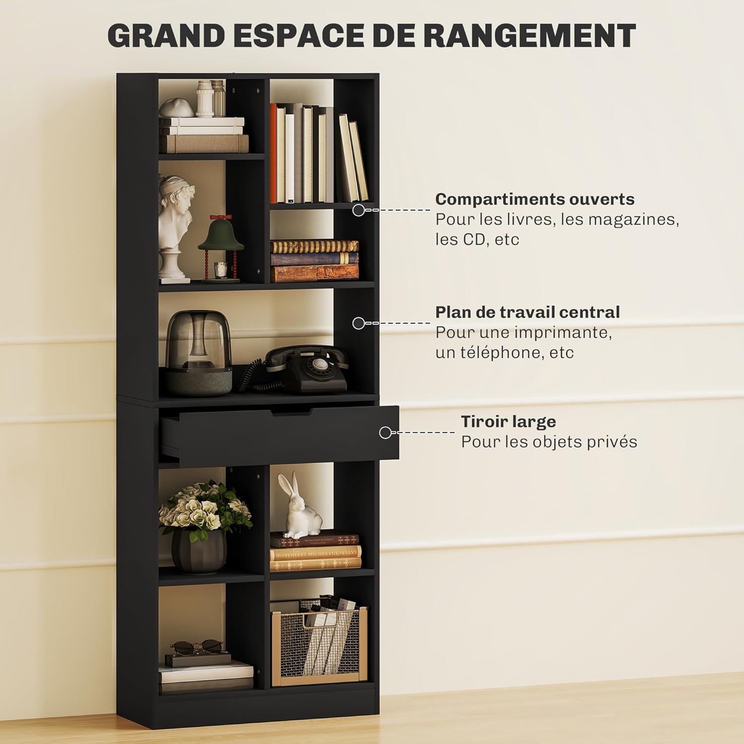 Thumbnail 3 de HOMCOM Bibliothèque avec tiroir et 9 compartiments ouverts, 60 x 26 x 158 cm (noir)