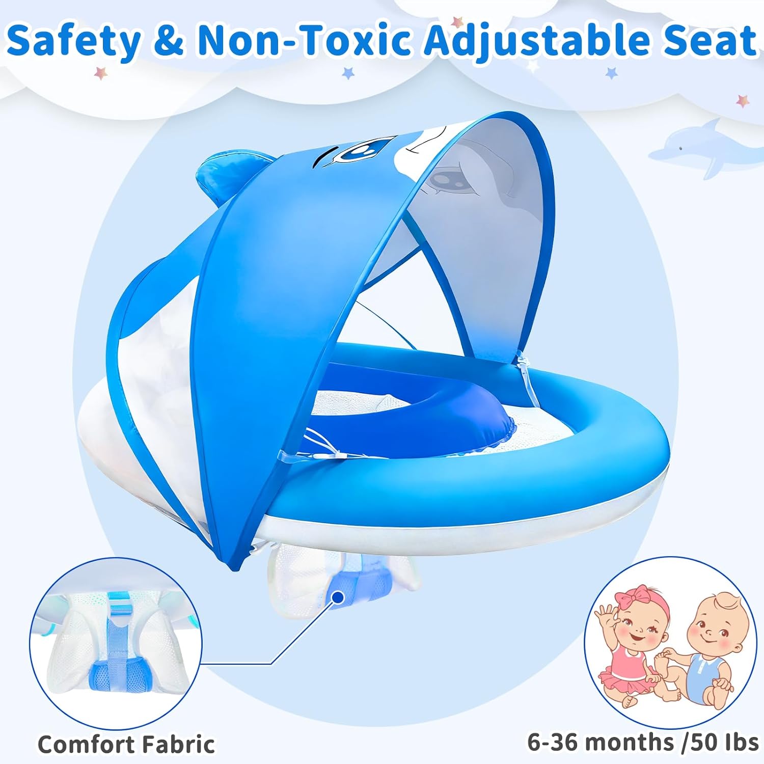 Detalle de Baby Pool Float with Canopy UPF50+ for Ages 6-36 Months: 4-Stage Canopy, Anti-Tip Seat & Dual Air Chambers