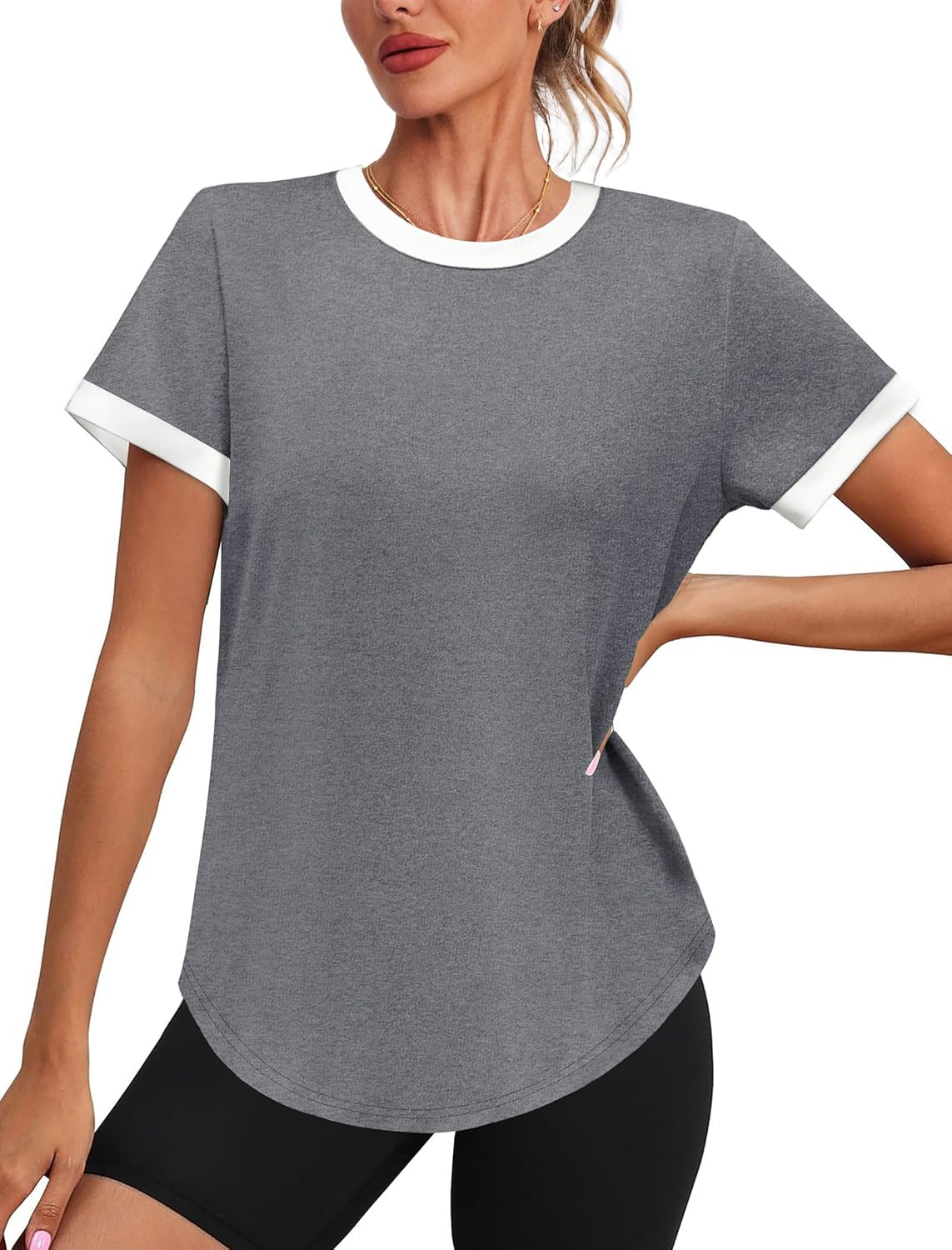 Thumbnail 1 de Womens Workout Tops Summer Short Sleeve Shirts with UPF 50+ Sun Protection (Color Block Gym Tees)