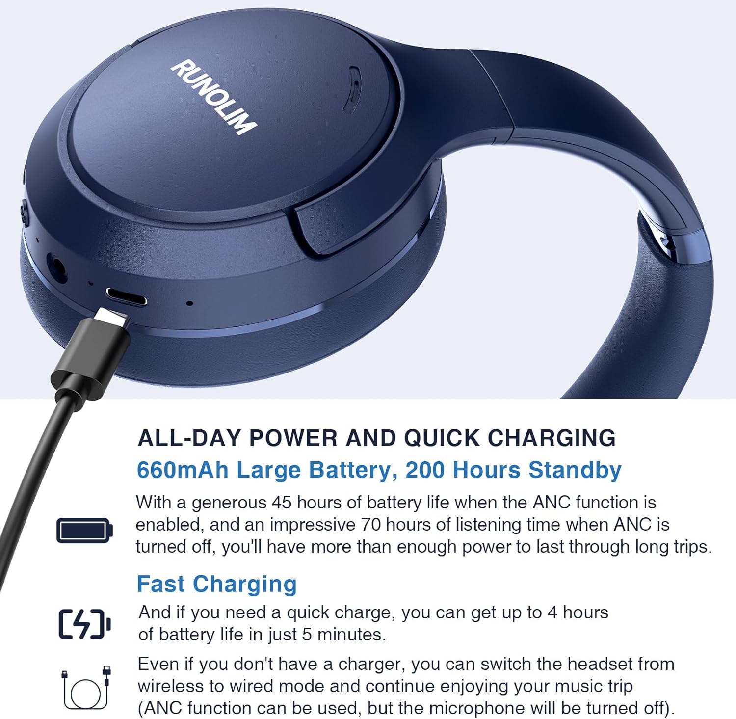 Detalle de RUNOLIM Hybrid ANC Wireless Headphones – Over-Ear Bluetooth with 70h Playtime