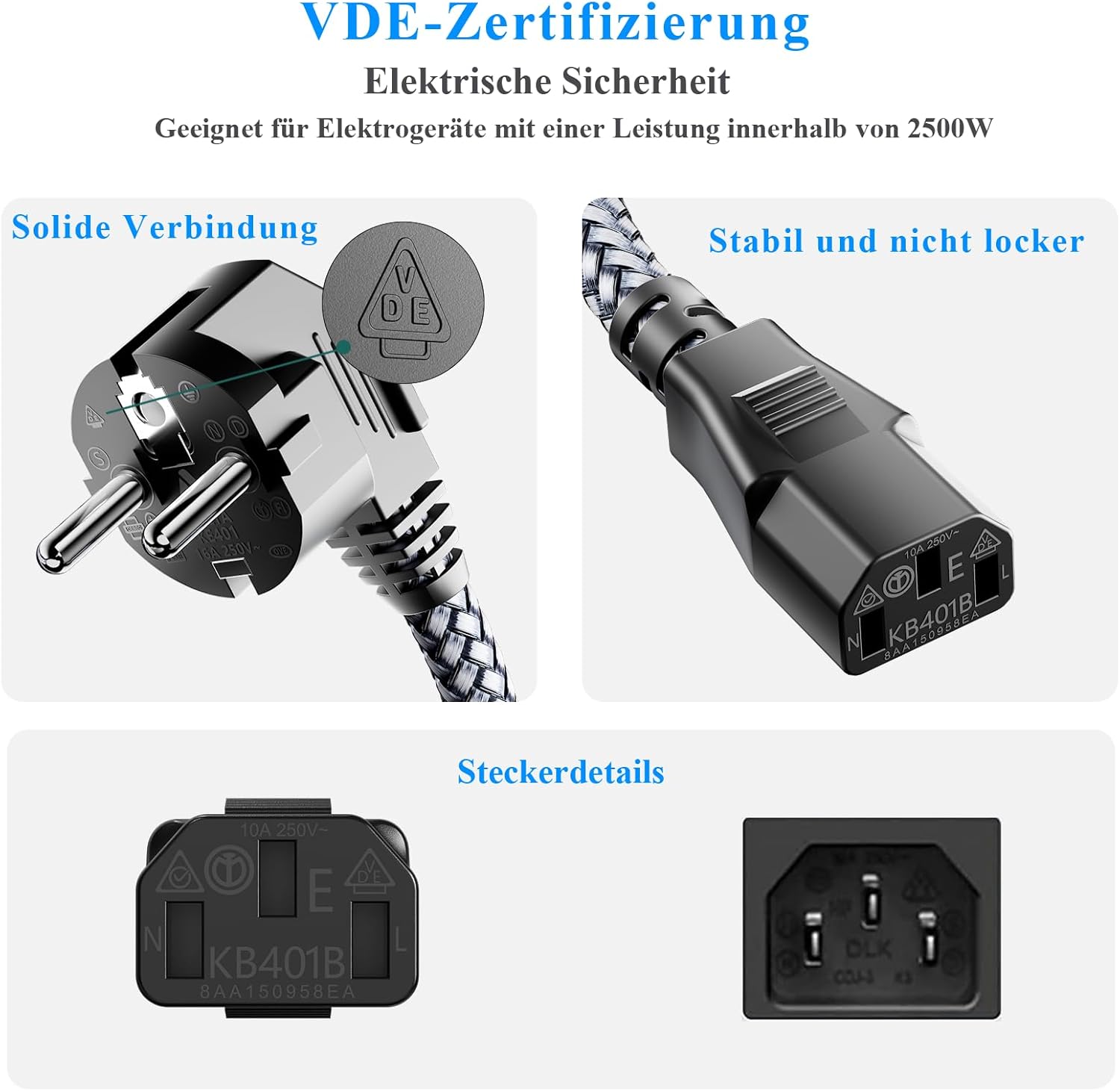 Thumbnail 3 de Netzkabel 3-polig Kaltgerätekabel 0,5 m Nylon-Geflecht, CEE 7/7 auf IEC60320 C13 – VDE-zertifiziert