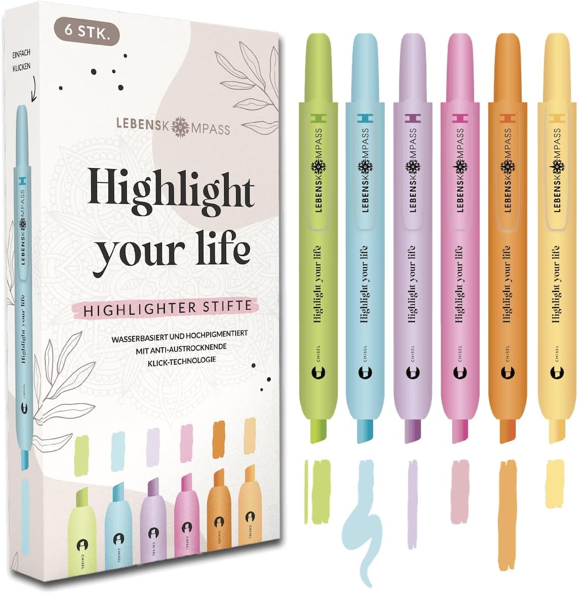 Detalle de LEBENSKOMPASS Textmarker Set mit Klick-Technologie – 6 Pastell-Highlighter für Schule, Uni, Büro