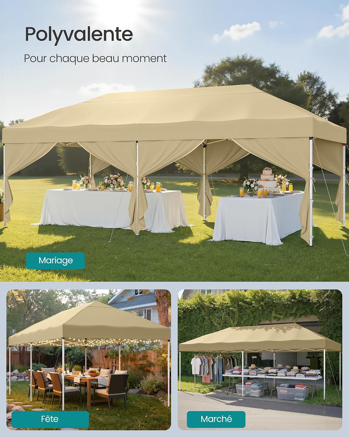 Detalle 2 de SONGMICS Tonnelle chapiteau pliable avec parois latérales 6 x 3 m beige GCT204LZ01SONGMICS