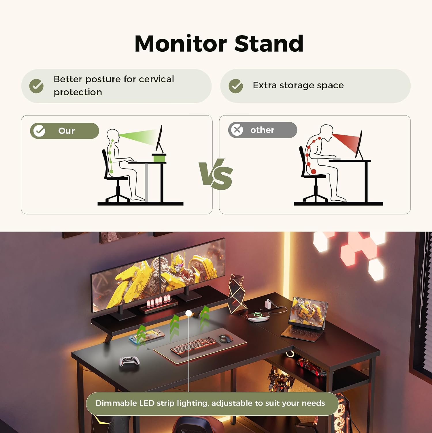 Thumbnail 5 de Mericonia Small L-Shaped Desk with LED (120x70cm) and Monitor Stand, Black
