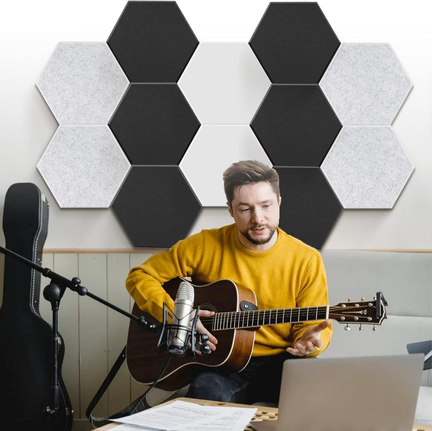 Detalle de JAMELO Akustikpaneele selbstklebend sechseckig (12er-Set) aus Polyester – Schallabsorber für Wand, Decke & Tür, Grau