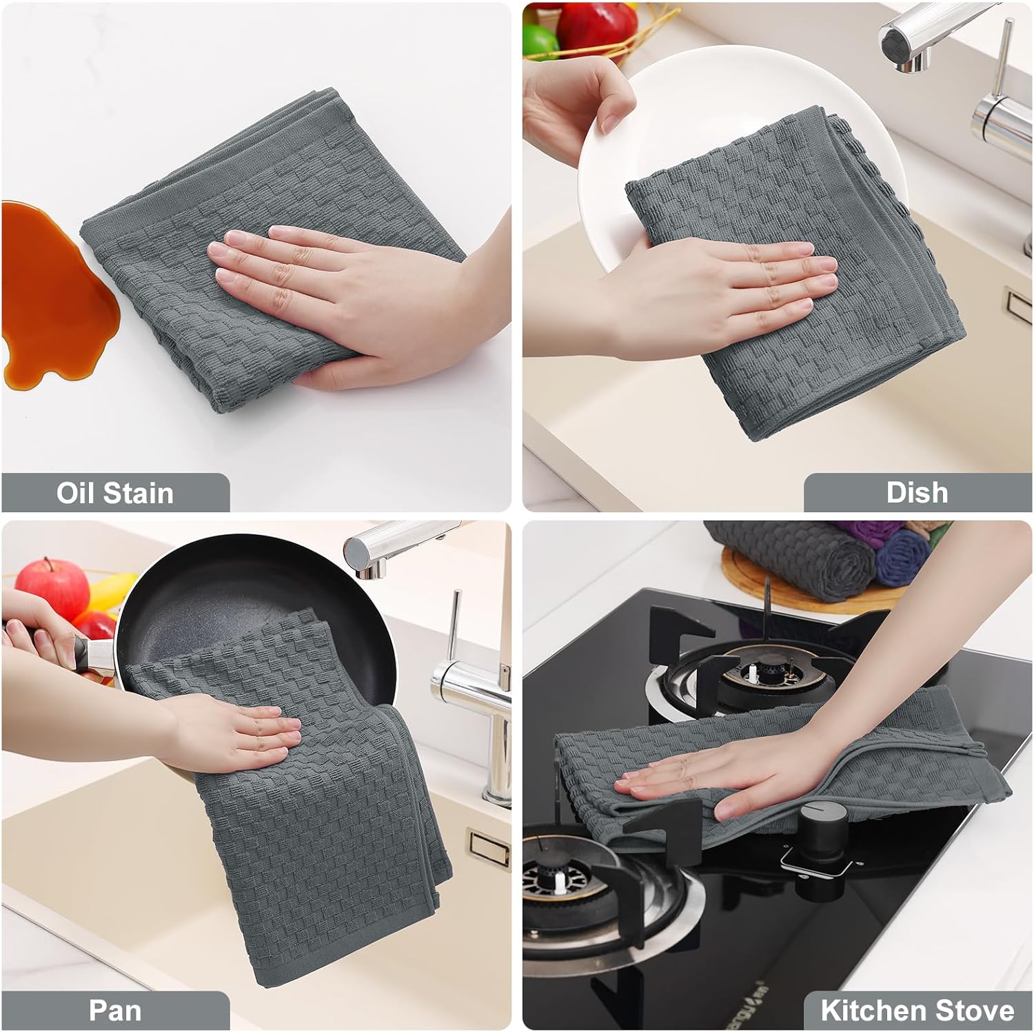 Detalle de Homaxy 100% Cotton Terry Kitchen Towels (15" x 25", 6 Pack) Dark Grey
