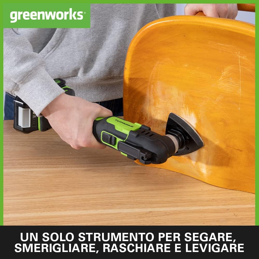 Detalle de Greenworks G24MT multiherramienta a batteria oscillante con 6 velocità e 5 accessori (solo utensile)