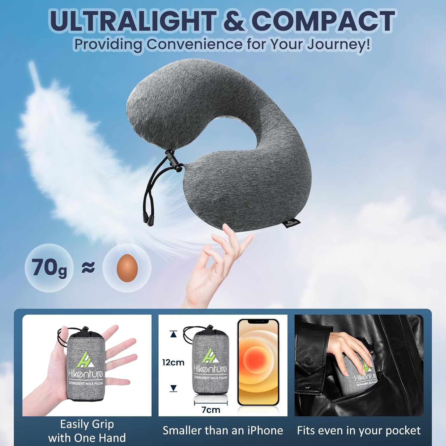 Thumbnail 5 de HIKENTURE Neck Pillow for Travel – Inflatable, Removable Cover, Portable Ergonomic Flight Pillow (Grey)