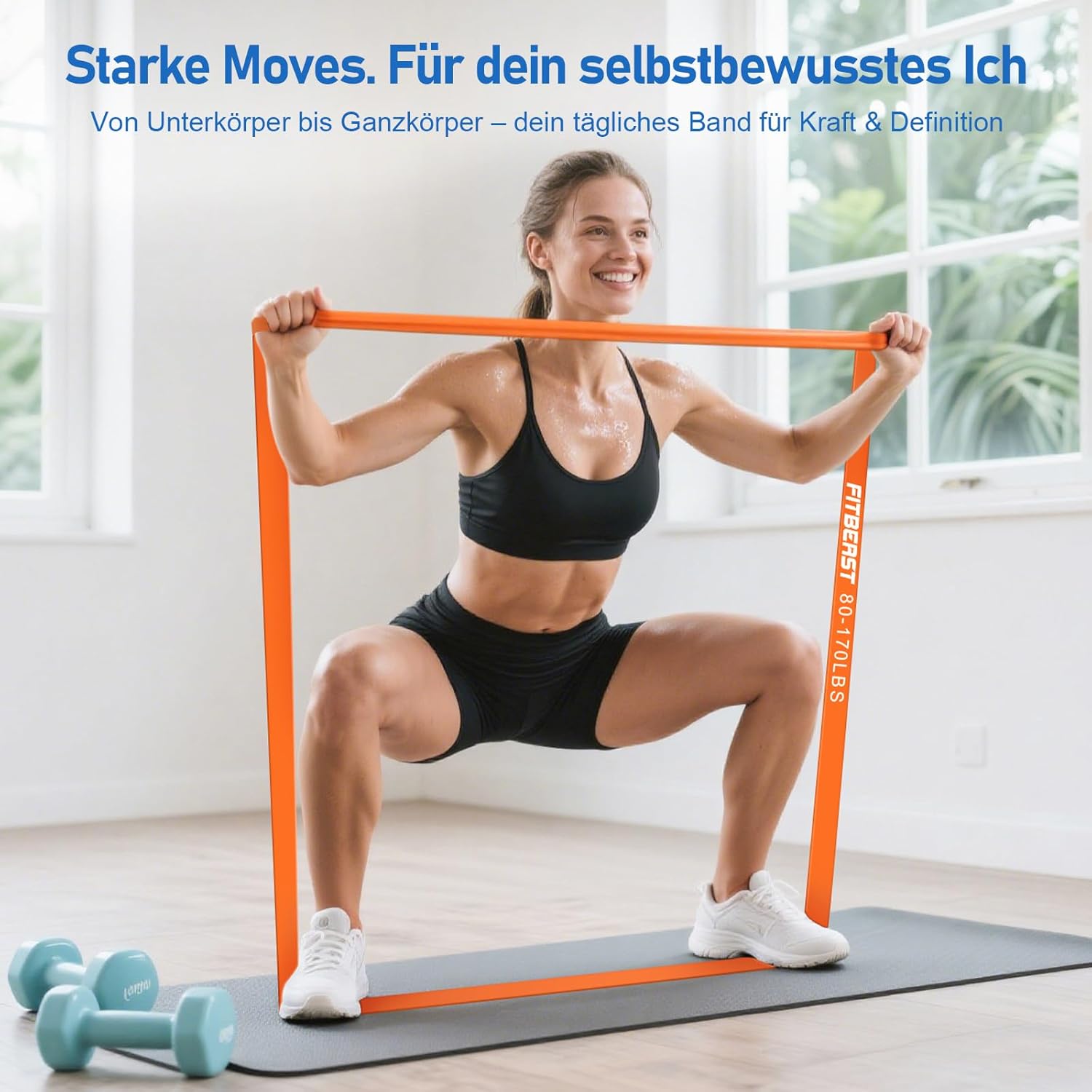 Detalle de FitBeast Widerstandsbänderset: 6 farbcodierte Bänder (5–170 lb) mit Handschuhen, Türanker und Tragetasche