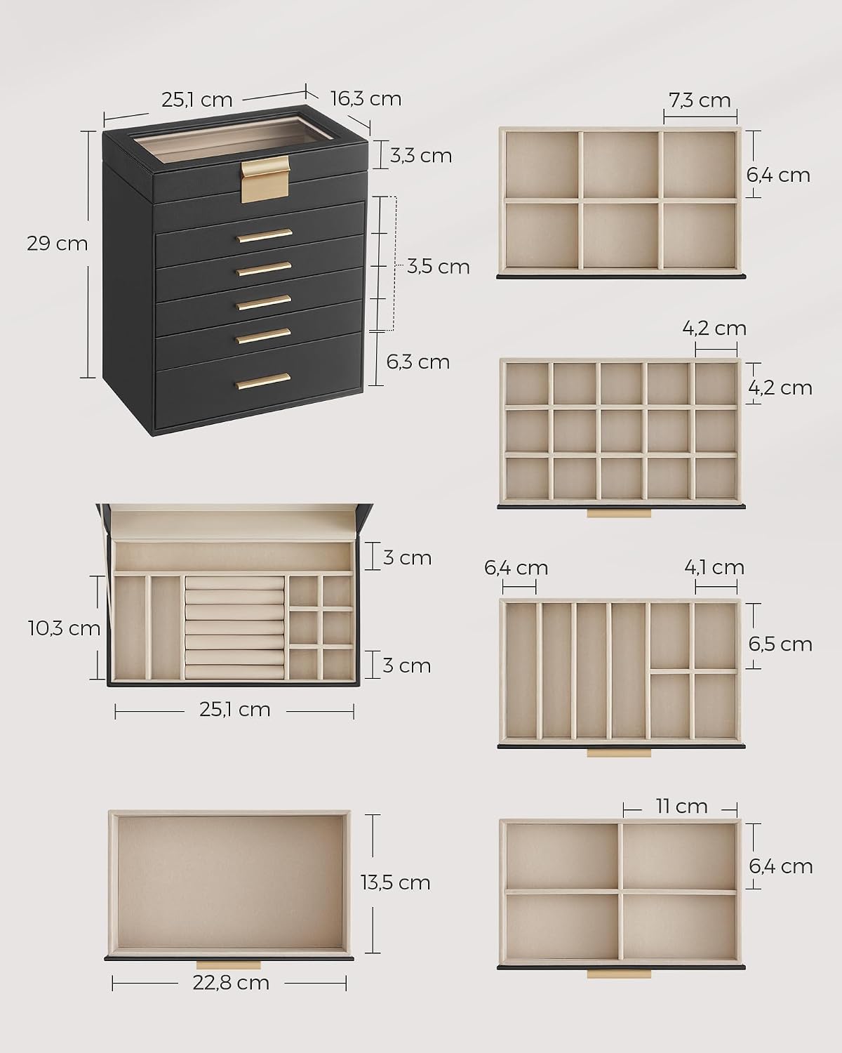 Detalle de SONGMICS JBC171B01 Gisella 6-tier jewellery box with glass lid and velvet lining