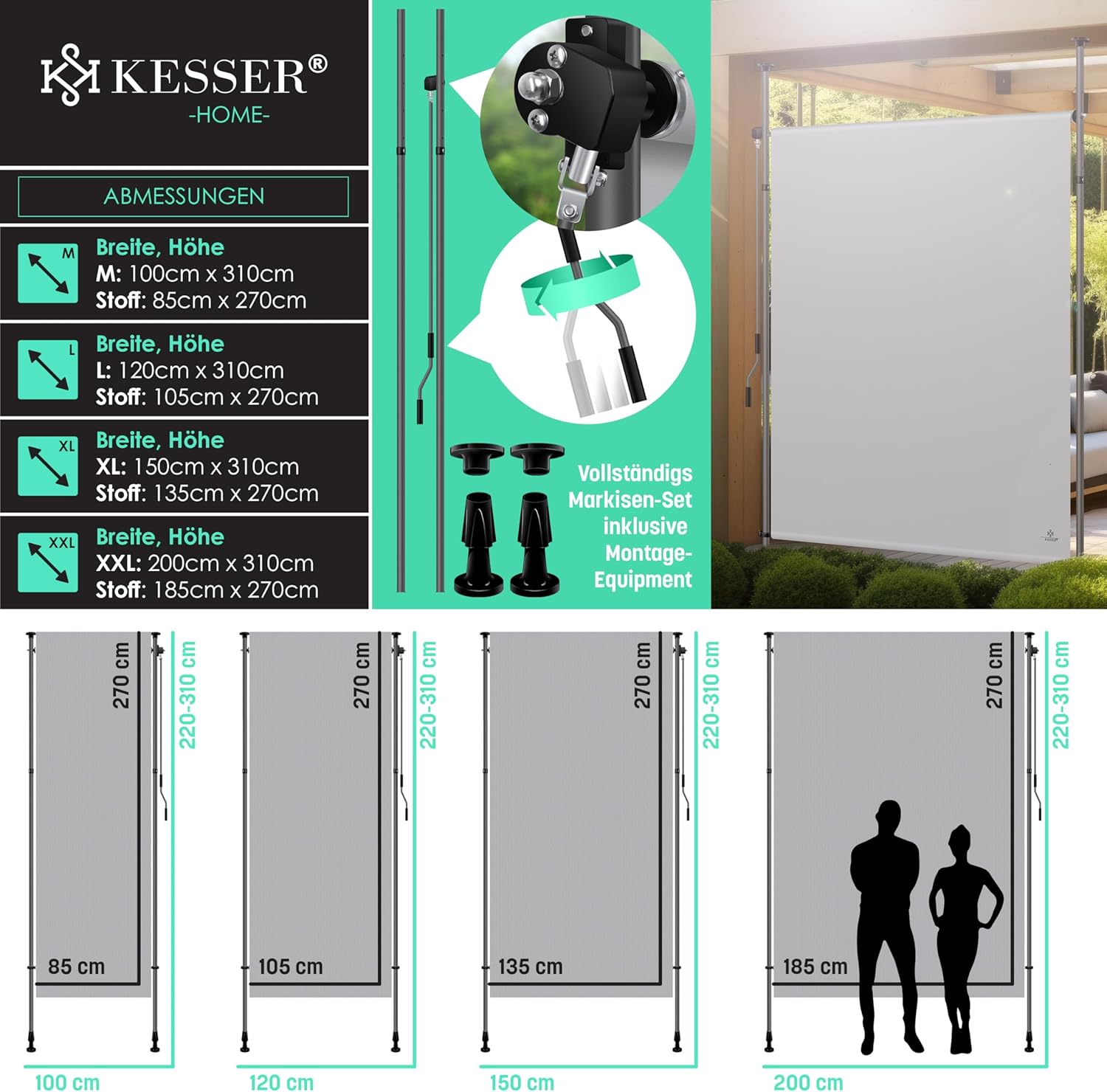 Thumbnail 6 de KESSER Klemmmarkise 120x310 cm – wetterfester Sichtschutz für Balkon und Garten (Grau)