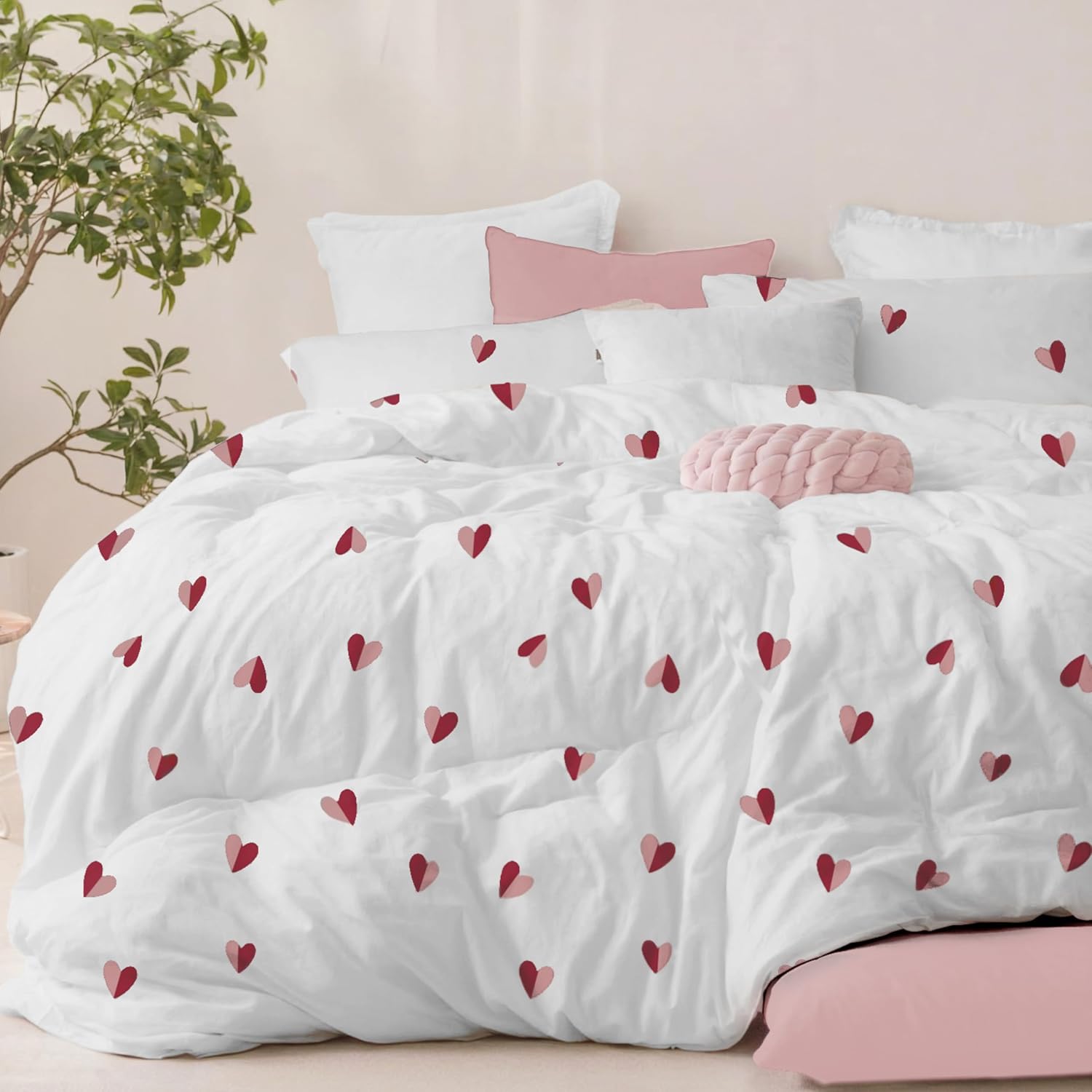Thumbnail 2 de Dreamzie Housse de Couette 200x200 cm avec 2 Taies d'oreiller 80x80 cm – motif Cœur Rouge/Rose, Oeko-Tex