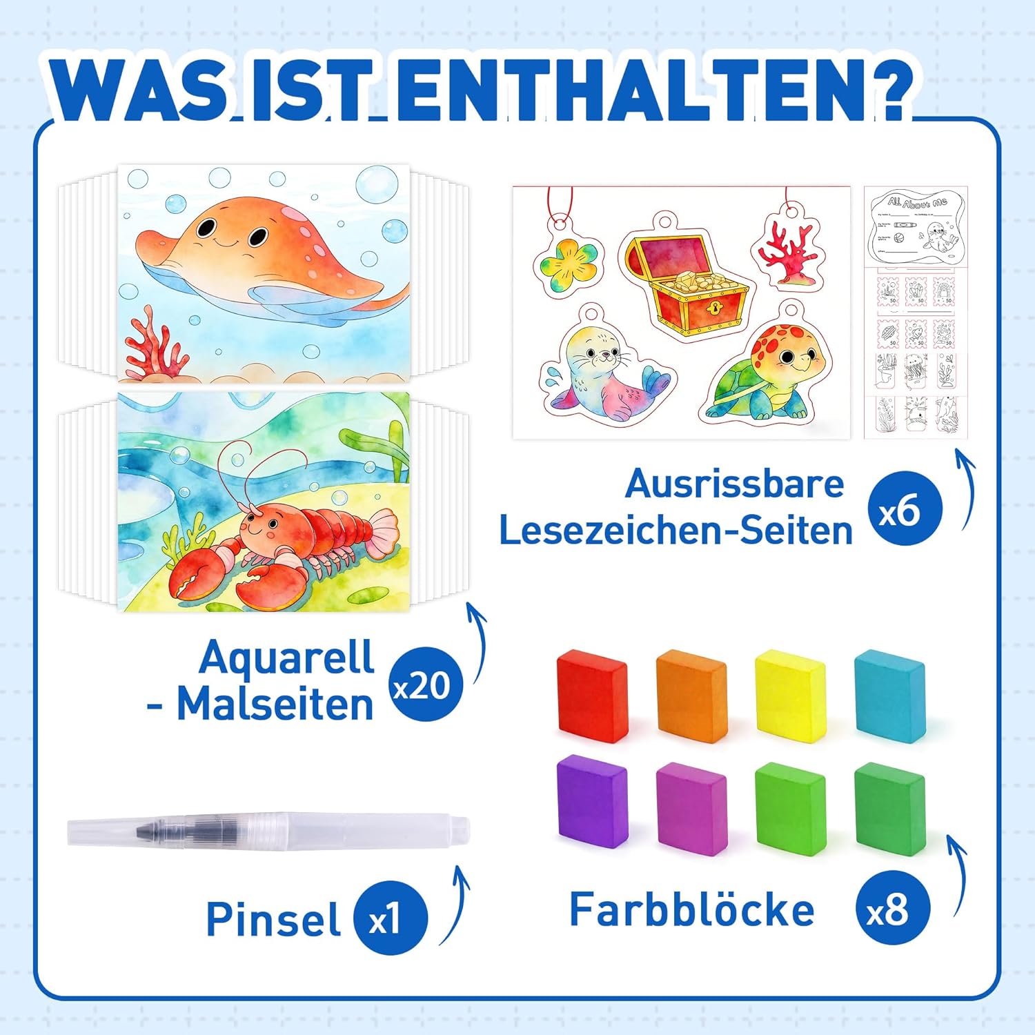 Detalle 2 de YPLUS Wassermalbuch für Kinder ab 3–6 Jahre – Meerestiere mit Wasserfarben, 8 Farben & Wasserpinsel