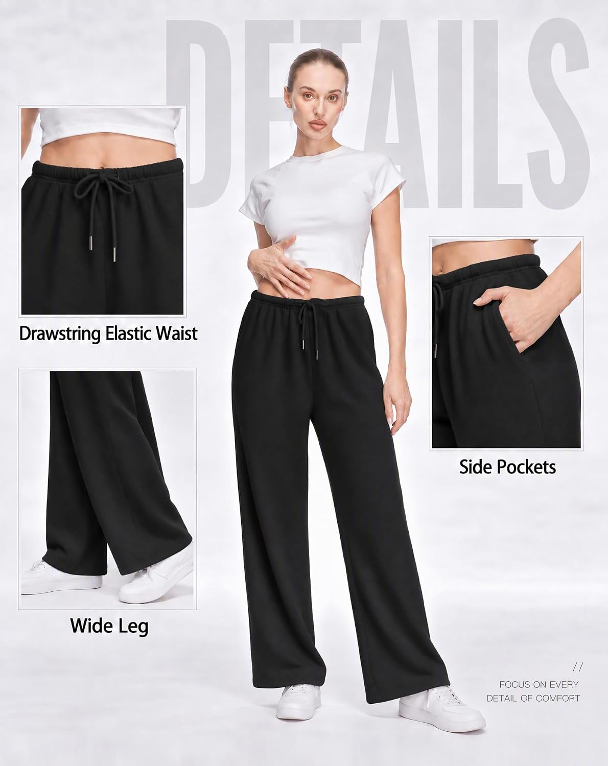 Detalle de JEKAOYI Women's Wide-Leg Sweatpants, High-Waisted with Drawstring and Pockets
