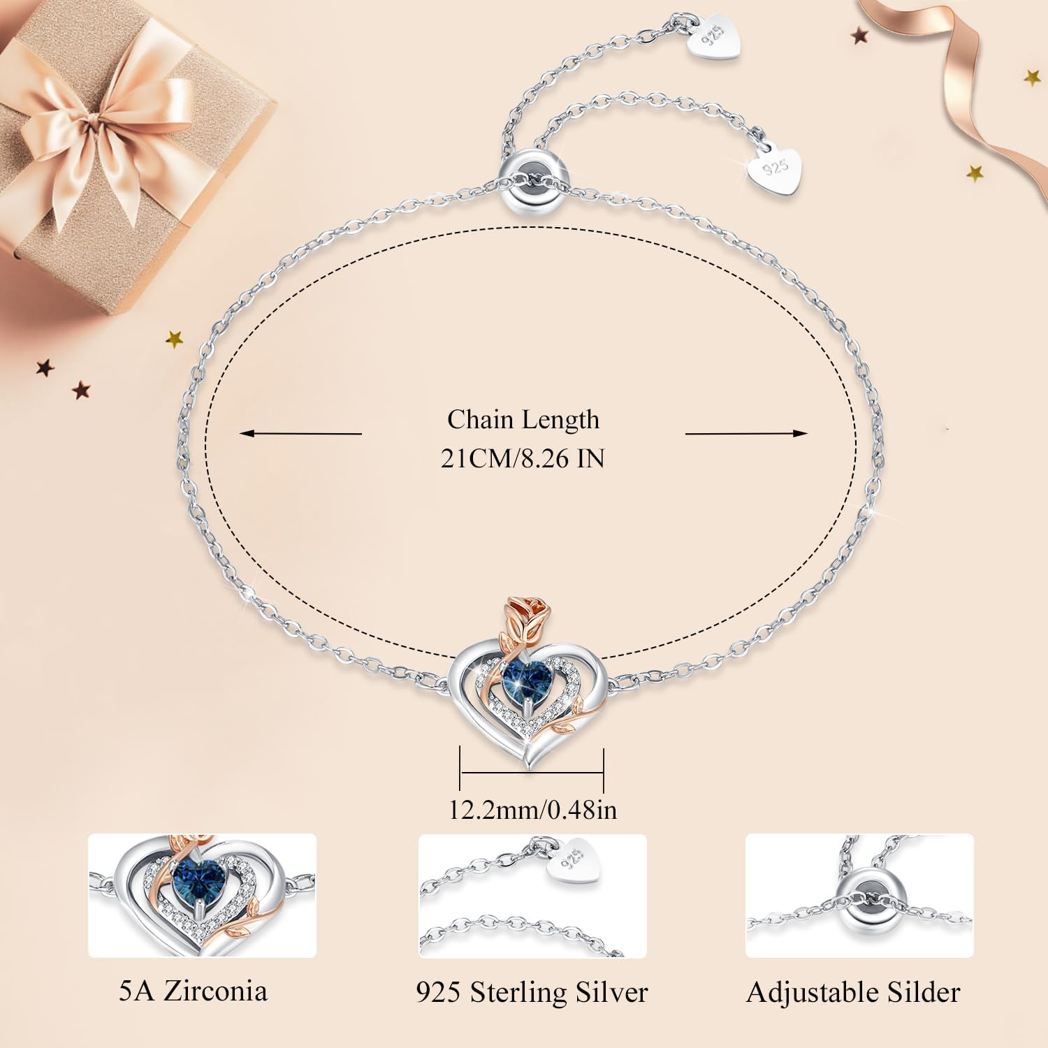Detalle 2 de LAVUMO Armband Damen Silber 925 – Rose Blume mit Geburtsstein und Zirkonia