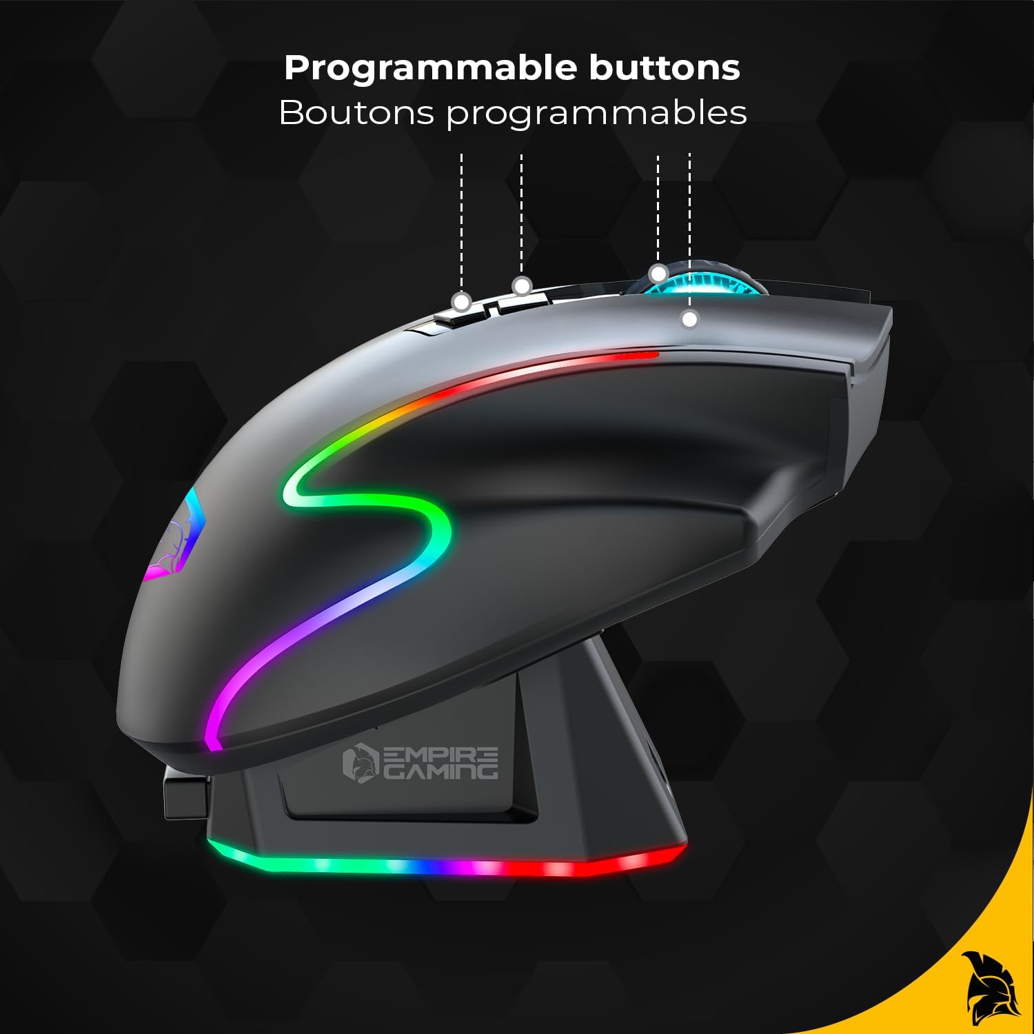 Thumbnail 2 de EMPIRE GAMING RF908 : souris gamer sans fil rechargeable avec station magnétique RGB (10000 DPI, 8 boutons)