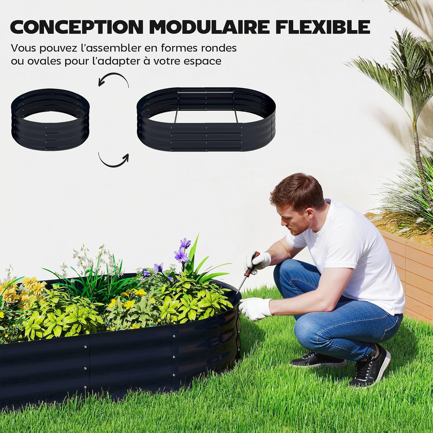 Thumbnail 5 de Outsunny Jardinière surélevée avec Treillis arqué – 425 L, cadre galvanisé, 160x90x180 cm, gris foncé