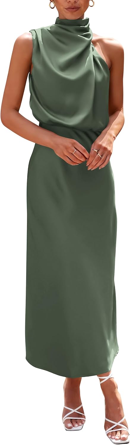 Detalle de PRETTYGARDEN Women’s Satin Mock Neck Sleeveless Maxi Dress (Summer & Cocktail)