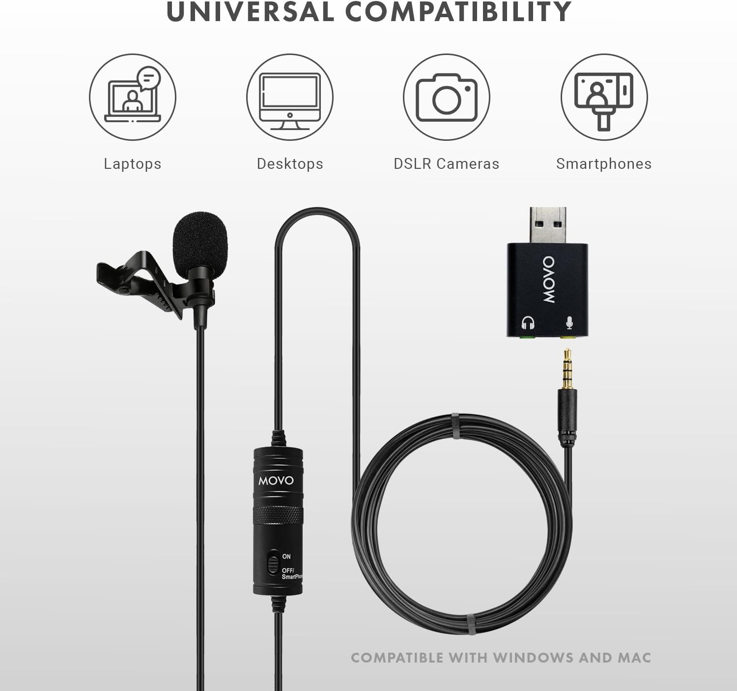Detalle de Movo LV1-USB USBラベリアマイク、単一指向性・6mコード・3.5mm/USB接続